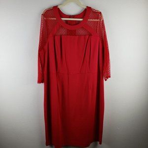 Lane Bryant Women's Size 24 Red Mesh Dot Detail Sheath Dress 3/4 Sleeve